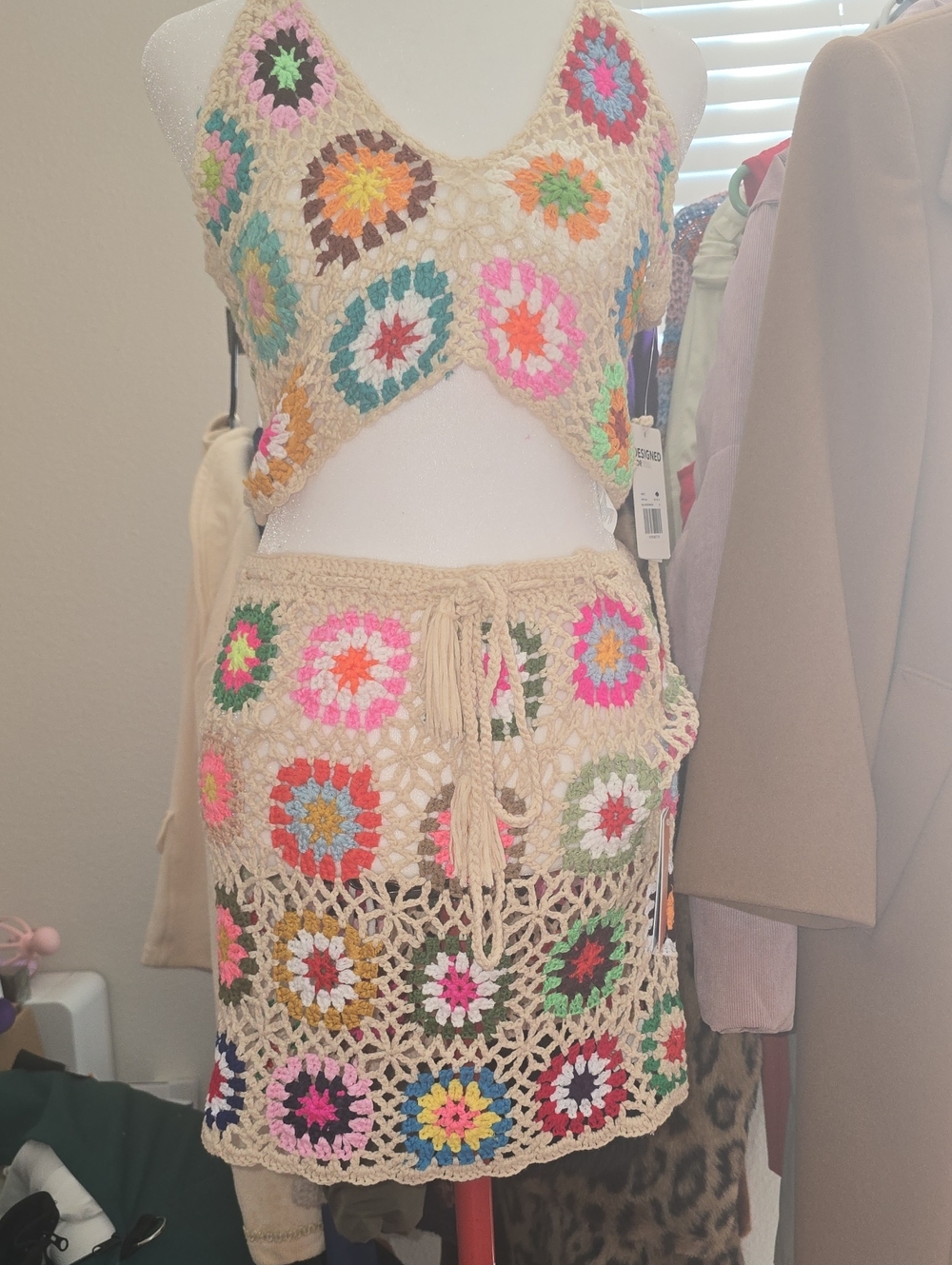 Cupshe Crochet Two-Piece Set in Cream with Multicolor Motifs